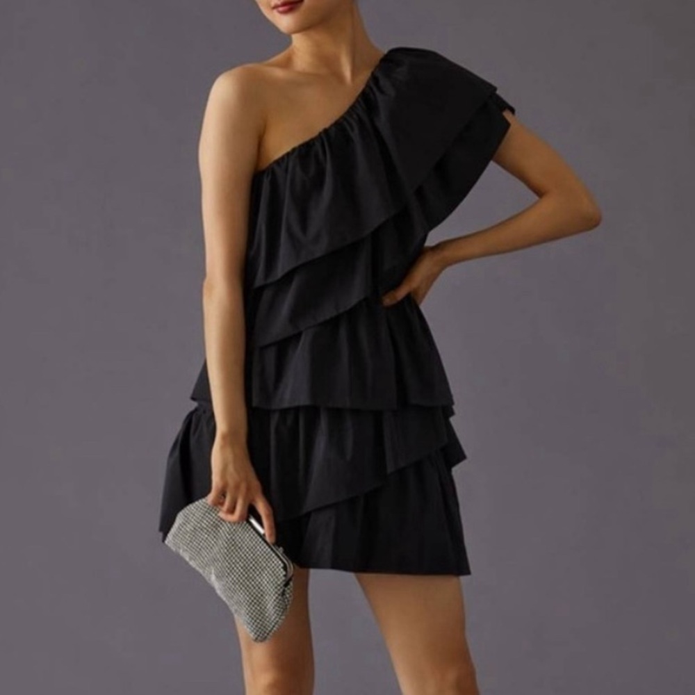Anthropologie Black ruffle/one shoulder dress